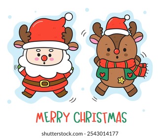 Papai Noel e renas com neve fantasia festiva Natal kawaii animais vetor conto de fadas (personagens caprichosos). Feliz ano novo cartão de cumprimentos. Natal de Natal Natal Natal Natal inverno temporada. Ilustração plana.