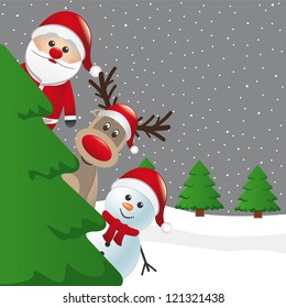 santa reindeer and snowman behind christmas tree