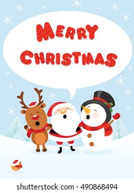 Santa Reindeer and Snowman Celebrating Christmas Card