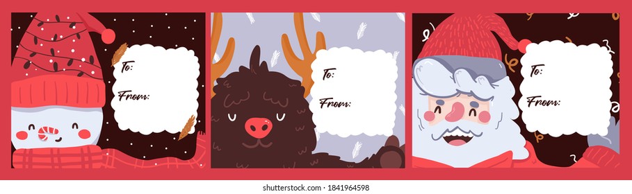 Santa, reindeer and snowman Christmas design for notepad, note, journal, postcards. Cute sticker design