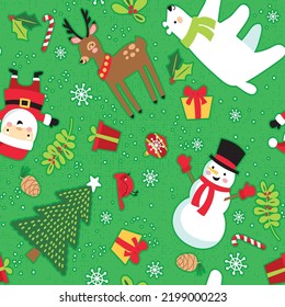 Santa, reindeer, snowman, polar bear, and Christmas tree arranged to repeat seamlessly. Vector patterns are great for backgrounds and surface designs.