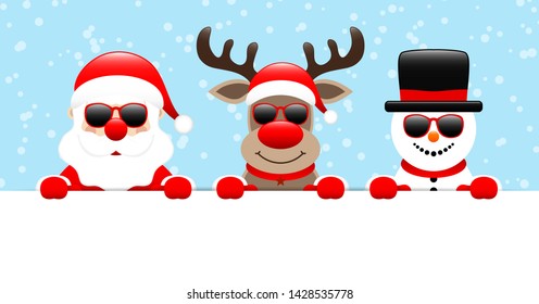 Santa Reindeer And Snowman Sunglasses Horizontal Banner Snow Light Blue