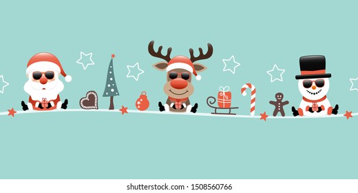 Santa Reindeer And Snowman With Sunglasses And Icons Turquoise