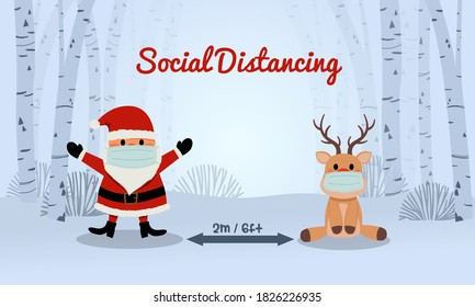 Santa and reindeer social distancing awareness banner design. Corona virus safety tips. Merry Christmas. Cute flat vector illustration.