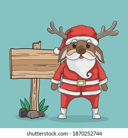 Santa reindeer standing beside a noticeboard, Christmas cartoon illustration