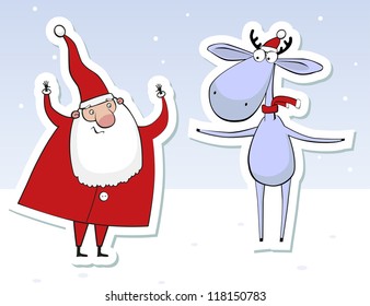 Santa and reindeer. Sticker. Vector