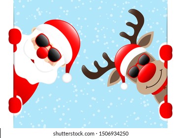 Santa And Reindeer Sunglasses Banner Inside Snow Light Blue