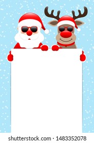 Santa And Reindeer Sunglasses Holding Poster Snow Light Blue