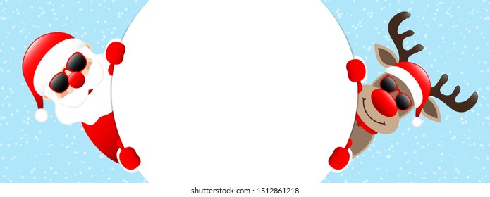 Santa And Reindeer Sunglasses Round Banner Outside Snow Blue