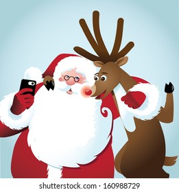 Santa and reindeer take a selfie. EPS 10 vector, grouped for easy editing. No open shapes or paths.