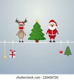 santa reindeer tree on twine silver background