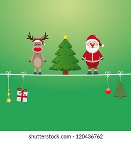 santa reindeer tree on twine green background