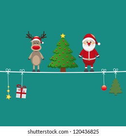 santa reindeer tree on twine green background
