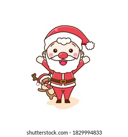 Santa and Reindeer. Vector illustration of cute chibi character isolated on white background.