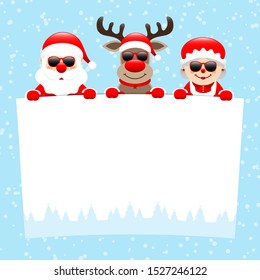 Santa Reindeer And Wife With Sunglasses Holding Wish List Snow Blue