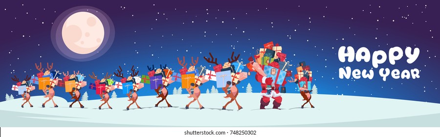 Santa With Reindeers Carry Stack Of Presents Outdoors At Night Horizontal Happy New Year Banner Design Flat Vector Illustration