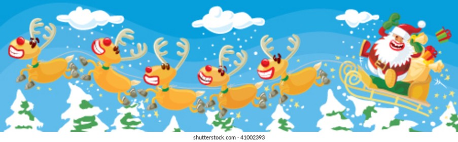 Santa and reindeers in a hurry. Vector without gradients, great for printing.