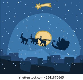 santa with reindeers on the sky silhouette dark night giving presents during christmas night vector illustration