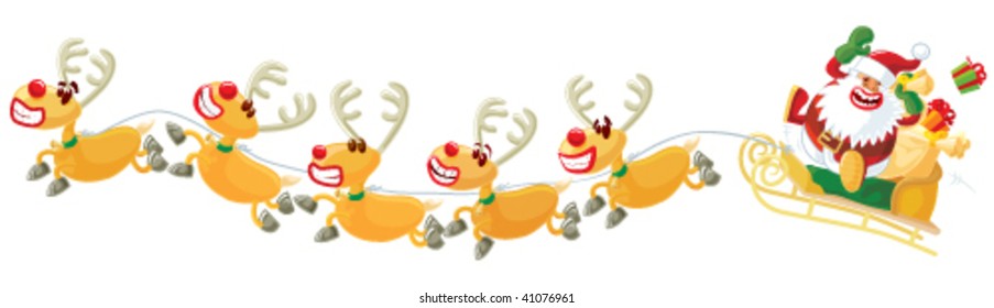 Santa and reindeers on white background. Vector without gradients, great for printing.