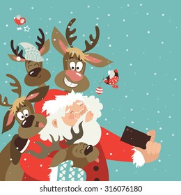 Santa and reindeers take a selfie. Vector illustration