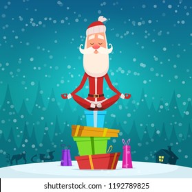 Santa relax meditation. Winter christmas holiday character santa claus doing yoga exercices outdoor vector mascot design. Illustration of santa claus yoga sit on gifts pile