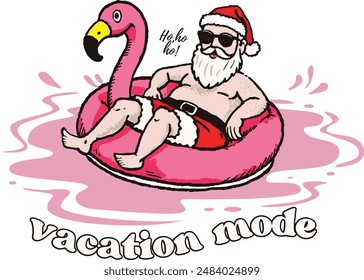 Santa Relaxing on Flamingo Float - Vacation Mode