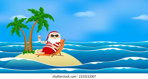 Santa resting on desert island in deck chair and drinking juice. Vector illustration.