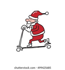 Santa ridding scooter cartoon drawing