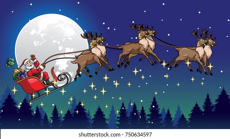 santa ride sleigh pulled by his deer over the night