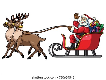 santa ride sleigh with reindeer in the white background