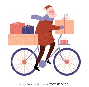 Santa anda de bicicleta e carrega muitas caixas de presente.Cartão postal de Natal.