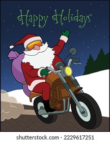 Santa rides a motorcycle at night.