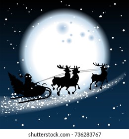 Santa rides a sleigh against the background of the moon 
