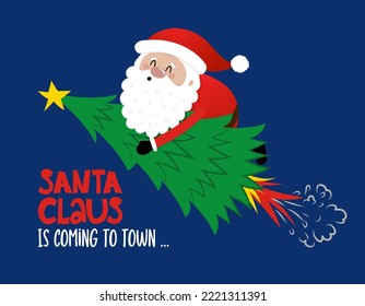 Santa rides a sleigh with reindeers and a trex dinosaur. Merry Christmas, xmas and happy new year funny concept. Cartoon vector illustration. Santa Claus is coming to town.