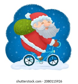 Santa riding a bicycle carrying a bag full of gifts