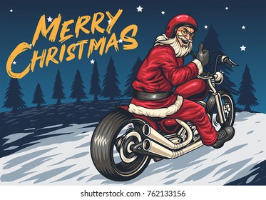 Santa Riding Chopper Thumbs Up in the Christmas Night With Merry Christmas Typography