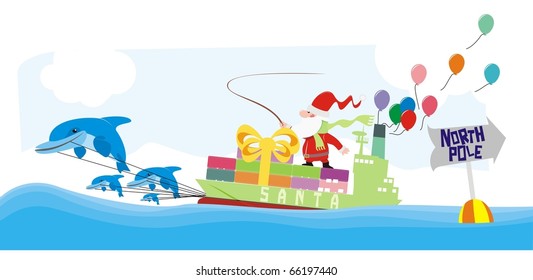 Santa riding a container ship pulled by dolphins color vector cartoon