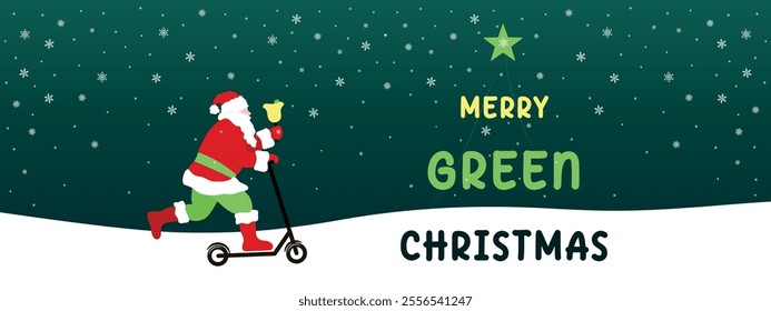 Santa riding a kick scooter, Merry Green Christmas eco friendly panoramic vector greeting card