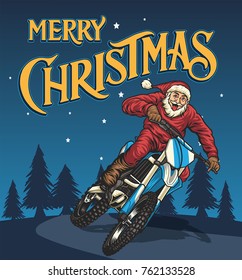 Santa Riding Motocross in the Christmas Night with Merry Christmas Typography