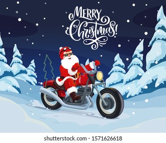 Santa riding motorcycle vector design. Christmas Claus delivering Xmas and New Year gifts on motorbike through winter holiday forest and snowy pine trees greeting card with wishes of Merry Christmas