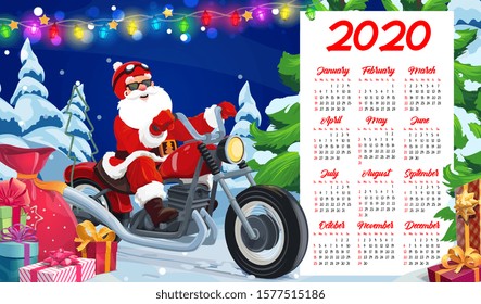 Santa riding motorcycle vector design of New Year calendar template. Santa Claus biker delivering Xmas gifts and presents on motorbike, Christmas tree and red bag with ribbons, bows and lights