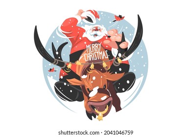 Santa riding on deer vector illustration. Santa sitting on stag flat style. Christmas character with beard in festive costume. Xmax and new year concept. Isolated on white background