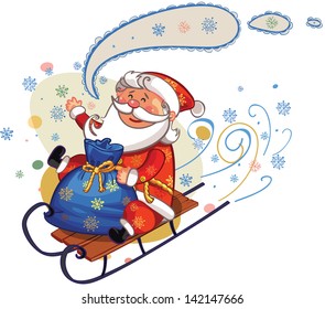 santa en trineo con bolsa llena de regalos