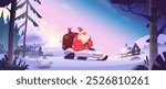 Santa riding on snowmobile through winter forest with a village in the backg.