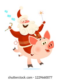 Santa riding a pig. Cartoon flat style illustration.