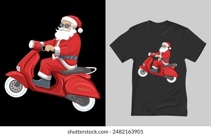 Santa Riding a Red Scooter - T-Shirt Design, This festive t-shirt design features Santa Claus riding a red scooter