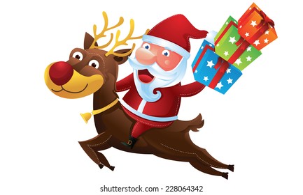 Santa riding a reindeer in Christmas with gift box