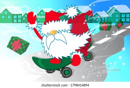 Santa is riding a skateboard with a gift sack. Travel in the road. Hand drawn vector