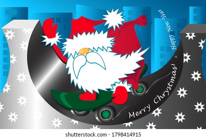 Santa is riding a skateboard with a gift sack. Skateboard park in city. Hand drawn vector