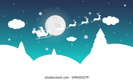 Santa Riding In Sledge With Reindeer.abstract pastel paper cut illustration of winter landscape with cloud.Bright moon and shooting star.Winter mountain Christmas landscape with fir tree and snowflake